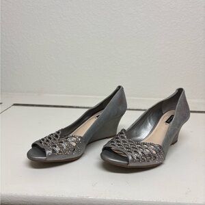 Alex Marie Silver Peep-Toe Wedges